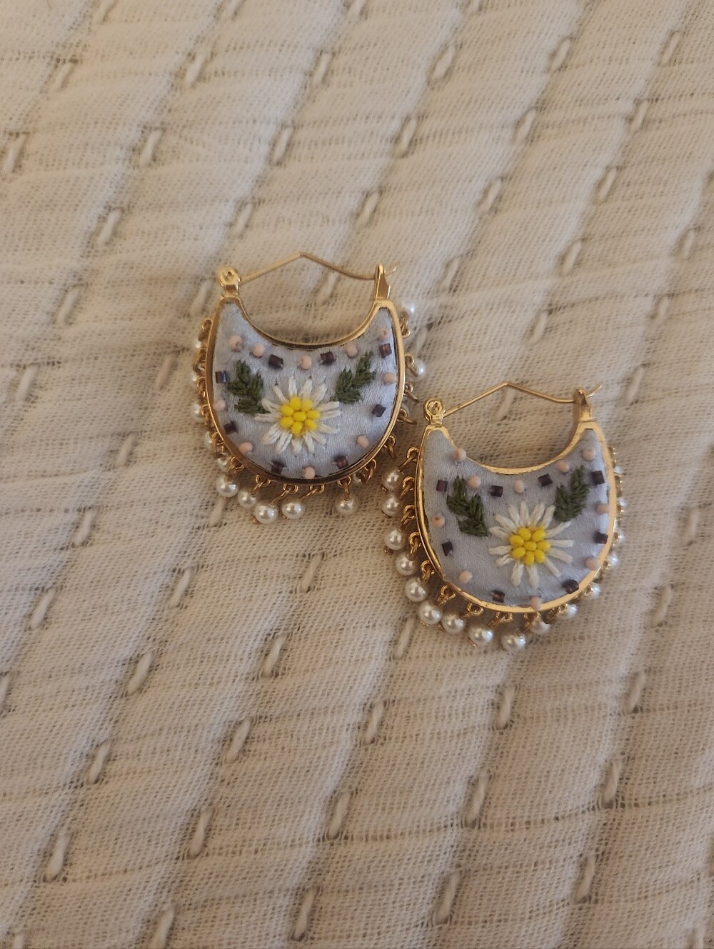 Mignonne Gavigan Gold Floral Embroidered Hoop Earrings with Pearls